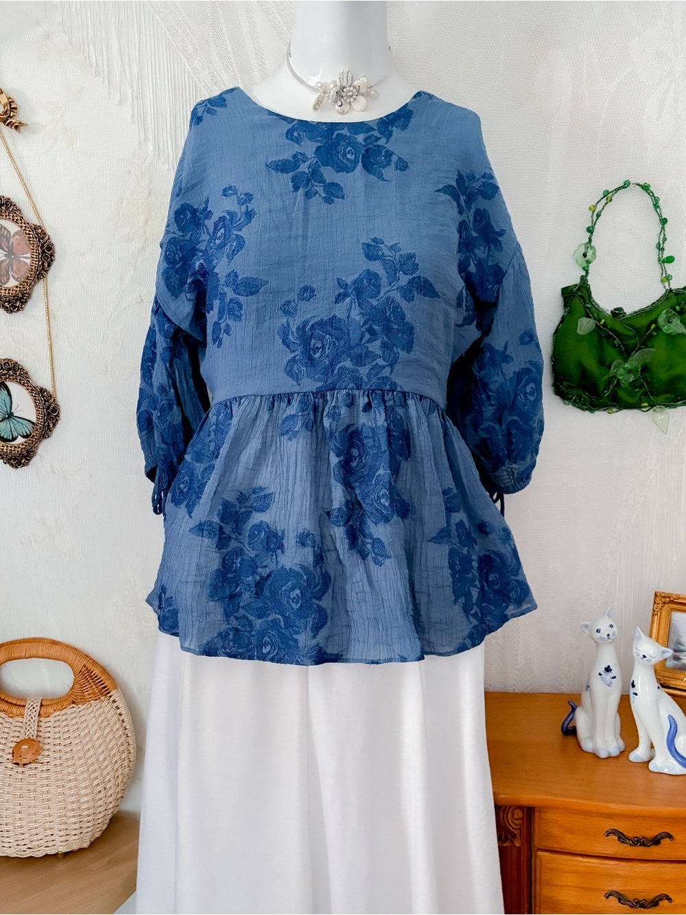 Romantic elegant modest posh girly floral blue babydoll peplum top
